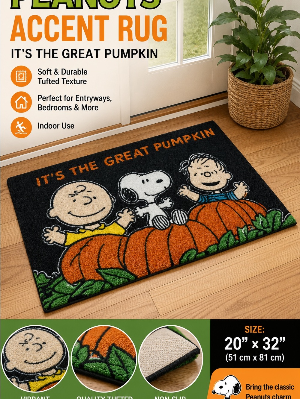Peanuts Black and Orange Great Pumpkin Door Mat